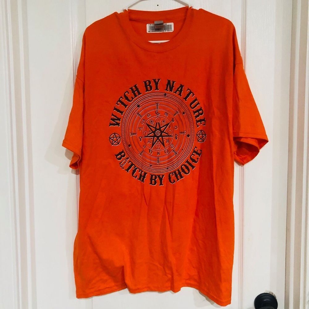 Gildan Men's T-Shirt Witch By Nature B*tch By Choice Cotton Crew Neck Orange 2XL